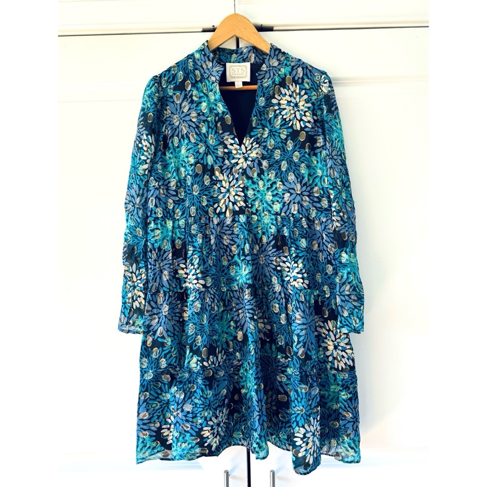 Sail To Sable Dress Silk Metallic Fit And Flare Tunic Long Sleeve Blue Size L